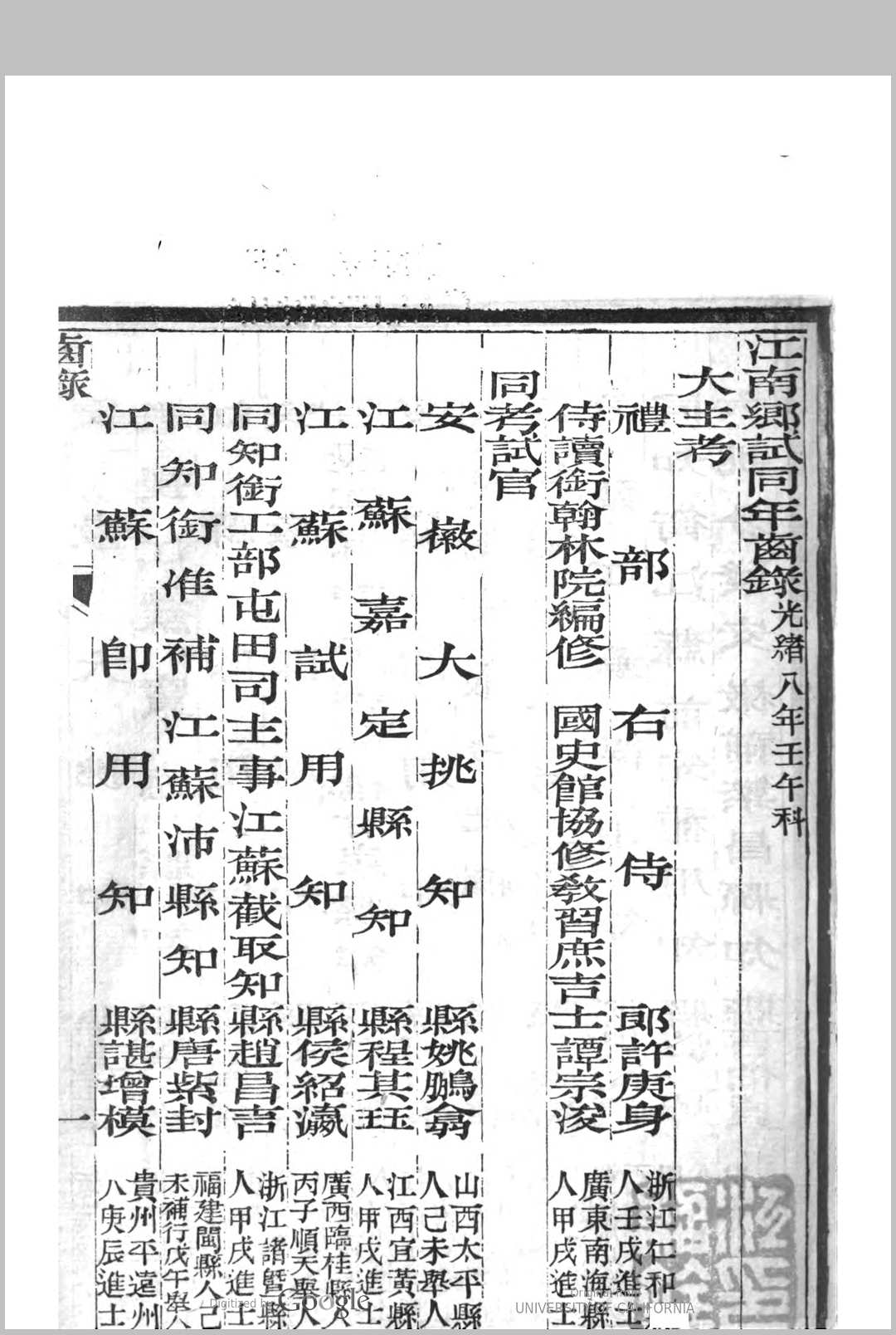 乡试同年齿录 光绪壬午科各省乡试