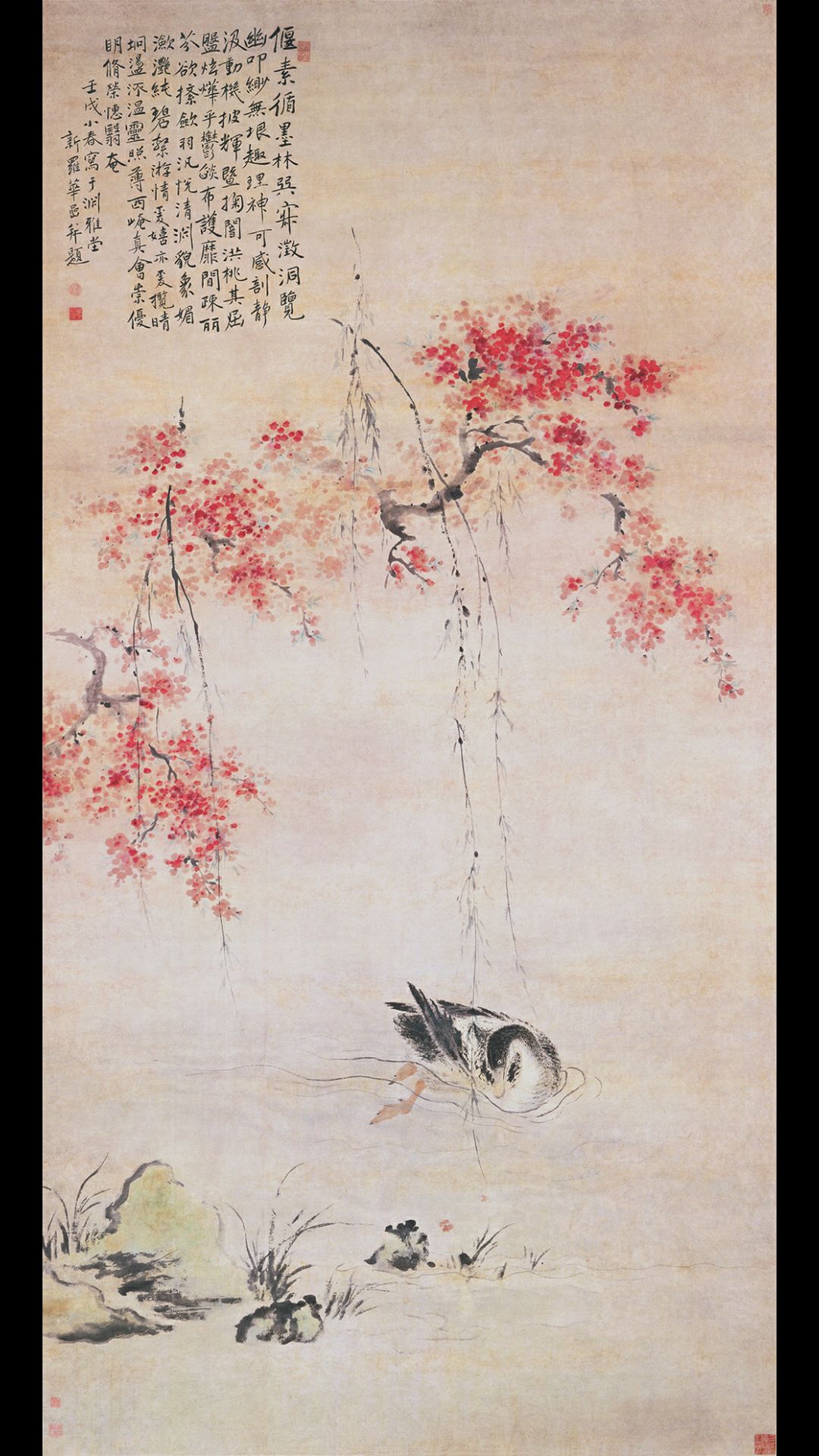 清 华岩 桃潭浴鸭-纸本271.5×137
