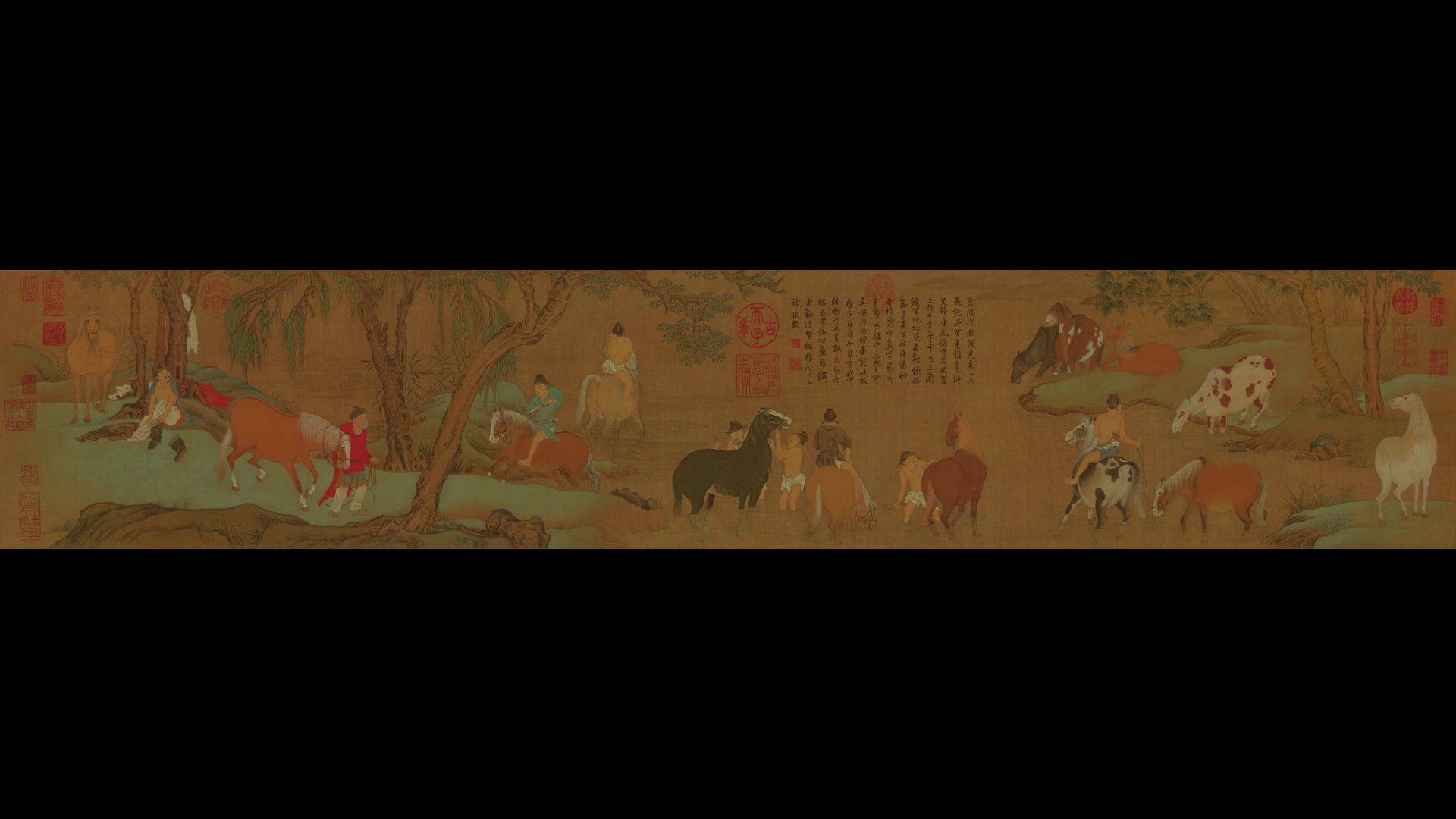 元 赵孟頫 浴马图卷绢本28.1×155.5