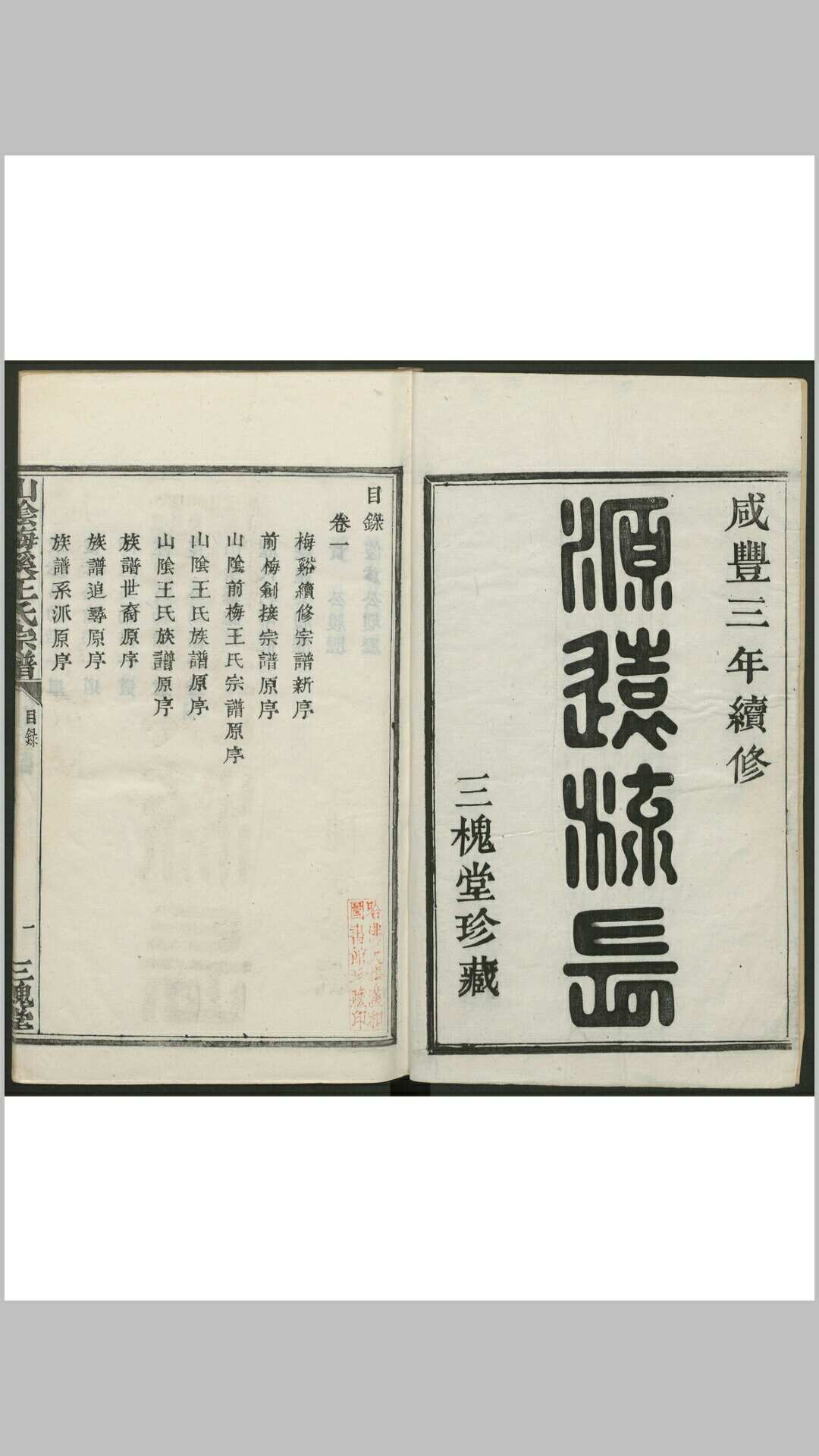 山阴梅溪王氏宗谱 八卷. 山阴王氏三槐堂, 清咸丰癸丑 3年