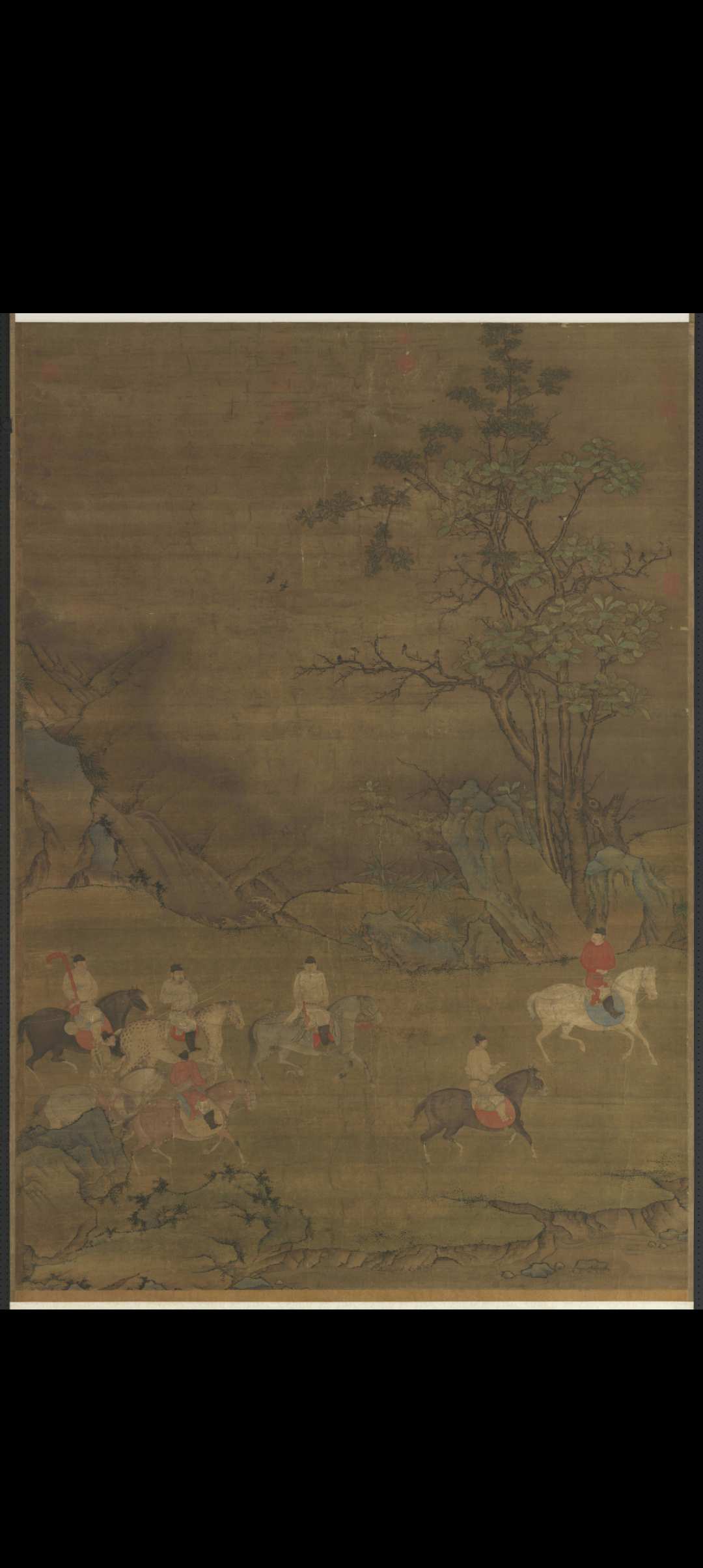 唐人春郊游骑图轴.绢本设色.7766×10998像素.台北故宫博物院藏